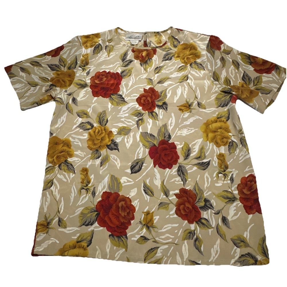 Kathie Lee Vintage 90s Floral Rose Print Blouse Tan Red Yellow Size 6 Made in US